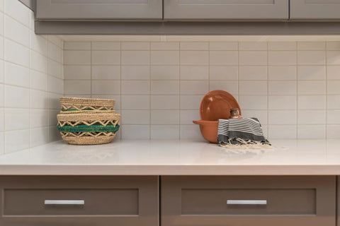 Kitchen counter with brown cabinets featuring 30 Pack Brushed Nickel Square Cabinet Pulls 5 Inch Overall Length With 3 Inch Center Mount Half Inch Width