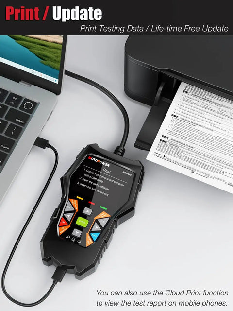Advanced OBD2 Car Diagnostic Scanner With Full Diagnostic Functions connected to laptop and printer