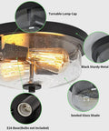 Black Flush Mount Ceiling Light Two Light Farmhouse Outdoor Porch Fixture With Seeded Glass Shade shown close-up with details