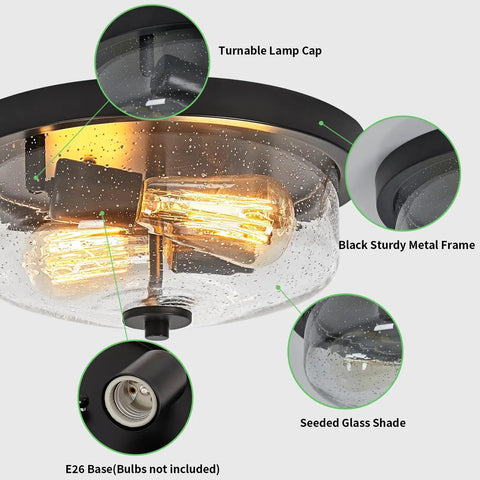 Black Flush Mount Ceiling Light Two Light Farmhouse Outdoor Porch Fixture With Seeded Glass Shade shown close-up with details