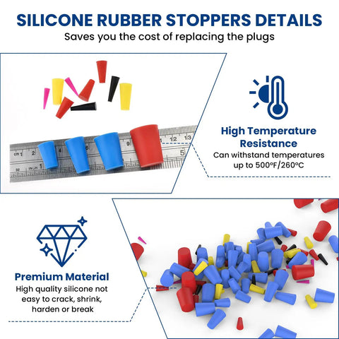 Top Grade 200 Pc Silicone Rubber Tapered Plug Kit With 8 Sizes Ranging From 1/16 Inch To 5/8 Inch Ideal Versatile Stopper Set For Any Project Or Diy Fixin Around The House And Garage Today. silicone stoppers in multiple sizes on ruler