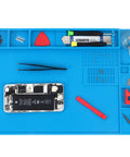Pro Grade Soldering Mat for Electronics Repair with Magnetic Zones and Heat Resistant Silicone Work Pad showing tools and compartments