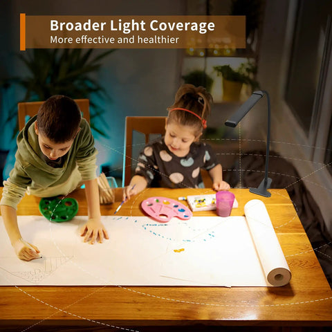 Clip On LED Book Light With Flexible Gooseneck 3 Color Modes And 10 Brightness Levels illuminating kids drawing at table
