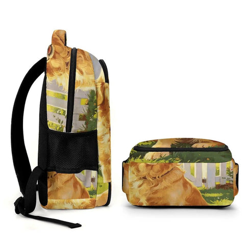 Side view of Red Mailbox Yard Pup Printed Backpack for Everyday Use, unisex, with durable polyester and large capacity.