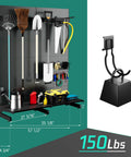 Front view of Garage Pegboard Tool Organizer Free Standing Rack with 21 storage hooks, heavy-duty steel, holds tools and yard gear.