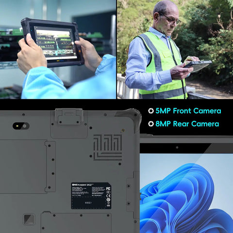 Heavy Duty Rugged Tablet With 12.2 Inch Screen Running Windows 11 Pro And Intel N5105 Power held by user outdoors.
