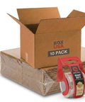 Medium Moving Boxes 18 By 14 By 12 Inches, 10 Pack with packaging tape shown with open box and stack in packaging
