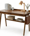 Score This Legit 47 Inch Solid Wood Writing Desk With Warm Walnut Finish Spacious Desktop Heavy Duty Build with lamp and decor.