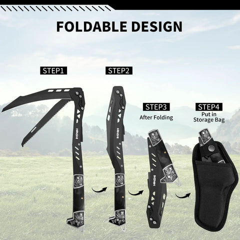Diagram showing foldable sickle with sheath, knife and saw all in one for adventure and garden use in four folding steps.