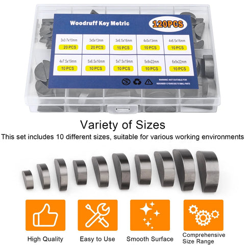 Ofiswadi woodruff key assortment kit, 120 pcs, clear plastic case, 10 sizes of semicircular metal keys