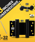 Workhorse 3 Inch Double Action Door Hinges Matte Black Heavy Duty dimensions showing 3 inch hinge with screw kit details.