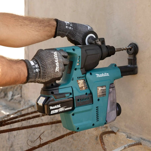 FitKnit Cut Level 7 Nitrile Dipped Work Gloves With Superior Grip ANSI A7 Cut Puncture 4 Flexible FitKnit Comfort Gray Black Large X Large US For Tough Jobs being used to operate a drill.