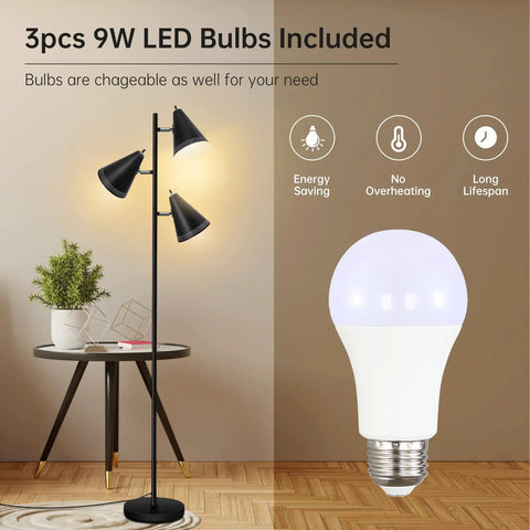 Triple Head Floor Lamp With 9W LED Bulbs, Three Color Temperature Settings, Adjustable Metal Lamp Shades, Black Finish in living room