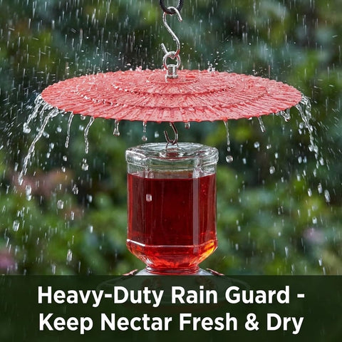 Two Pack 11.5 Inch Metal Bird Feeder Rain Guard With Red Umbrella Dome Shield Weather Baffles shielding a hanging bird feeder