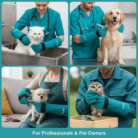 Heavy Duty Animal Handling Gloves For Training Dogs Cats Birds Snakes Parrots Lizards Reptiles Bite Proof Protection with Seventeen Point Seven Inch Leather Gloves Blue Grip Ready Anti Scratch For Safer Handling in use by veterinarians and pet owners with various animals.