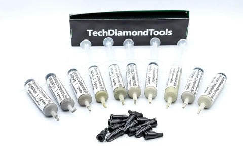 Diamond Polishing Paste Kit With 10 Pro Grade Pastes Featuring 50 Percent Diamond Powder, Oil Based Compound, Grit Range From 400 To 200000, Ideal For Marble Glass Metal Jewelry Resin Silver Gemstones, Made In USA, Includes 5 Gram Syringes shown with caps and packaging