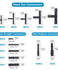 Assorted hose connectors with dimensions, including T-connectors, straight connectors, and reducer connectors with 63 pieces.
