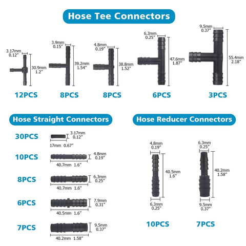 Assorted hose connectors with dimensions, including T-connectors, straight connectors, and reducer connectors with 63 pieces.