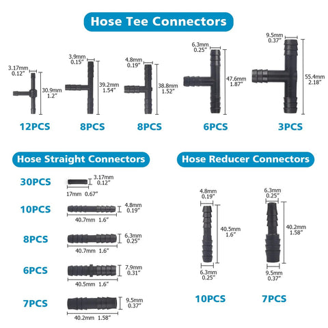 Hose connectors in Ultimate Automotive Silicone Vacuum Tubing Kit With 184 Piece Set For DIY Car Projects, various sizes displayed