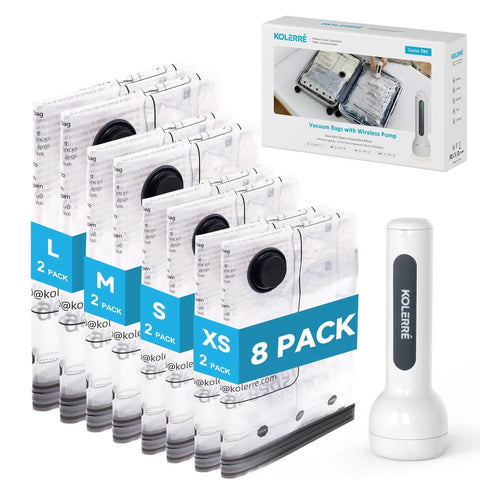 Travel Vacuum Bags With 2026 Latest Wireless Pump 8 Pack in 4 Sizes, visible packaging and pump, space saver for clothes