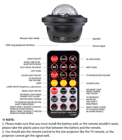 Remote and features of Dope Galaxy Projector With 20 Lighting Effects Large Projection Area Up To 30X30Ft Bluetooth Music Speaker