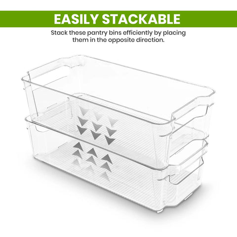 Clear Plastic Stackable Fridge Storage Bins 8 Pack Pantry Organization Cubes for Grocery Management showing stackable design.