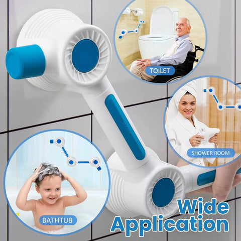 Image of Super Strong Adhesive Shower Grab Bar L Shape Handle Rail for Bathroom Safety in use for toilet, shower, and bathtub.