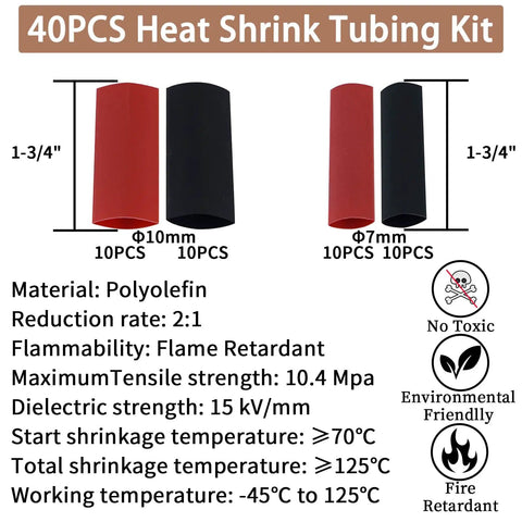 40PCS Heat Shrink Tubing Kit with dimensions, material, and specifications, part of 80 Pcs Copper Wire Lugs And 40 Pcs Heat Shrink Set For Battery Terminals AWG 8 6 12 10 Heavy Duty Cable End Ring Terminals With Heat Shrink Tubing Assortment Kit For Automotive Marine And DIY Wiring