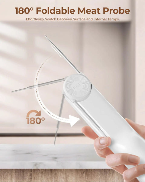 2-In-1 Infrared Thermometer Gun With Meat Probe Handy Digital Laser Temp Meter showing foldable probe feature on wood surface