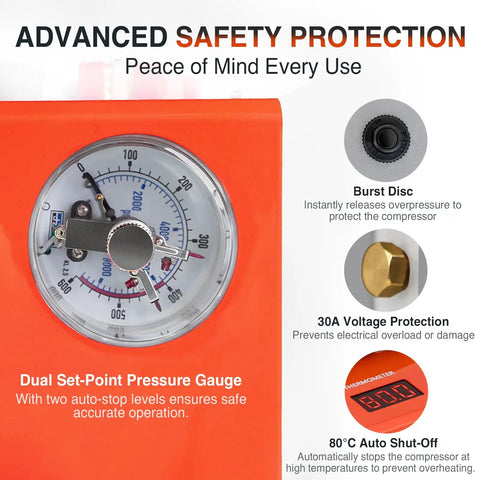 350W Portable Pcpc Air Compressor Pump 5800 Psi Max High Pressure For Air Rifles Paintball Tanks Hpa Cylinders Dual Auto Stop Gauge 12V Dc & 110V Ac Water And Air Cooling Orange Color Model