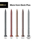 Variety of Deck Plus screws, including brown star-drive deck screws for composite and treated wood, displayed in different colors.
