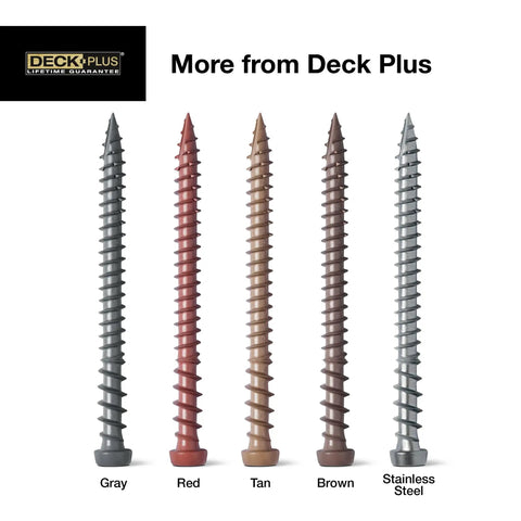 Variety of Deck Plus screws, including brown star-drive deck screws for composite and treated wood, displayed in different colors.