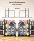 Total Game Changer For Your Ride This Freestanding Ski And Snowboard Stand Boasts Adjustable Shelving For Helmets Boots Gloves And More Super Sturdy Frame With Anti Slip Pads Holds All Your Winter Toys In One Spot - featuring organized skis, snowboards, and gear.