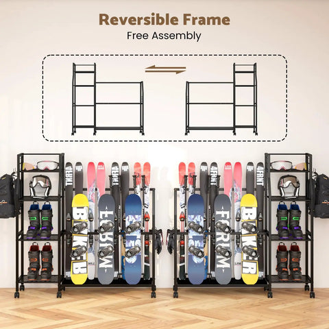 Total Game Changer For Your Ride This Freestanding Ski And Snowboard Stand Boasts Adjustable Shelving For Helmets Boots Gloves And More Super Sturdy Frame With Anti Slip Pads Holds All Your Winter Toys In One Spot - featuring organized skis, snowboards, and gear.