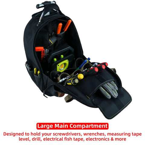 Open view of Rugged Rolling Tool Backpack With Wheels 26 Pocket Organizer For Electricians Carpenters HVAC And Welders, showing tools inside.