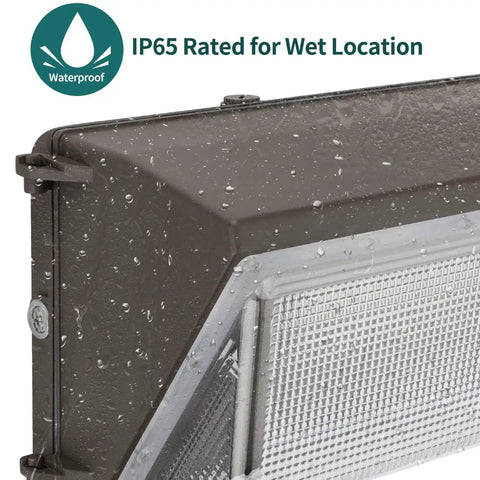 Beast Bright 150W LED Wall Pack Light With Photocell, 19,500 Lumen Output, showing IP65 waterproof rating for outdoor use.