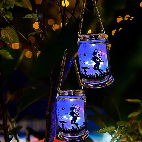 2 Pack Solar Fairy Lanterns For Garden Decor Hanging Glass Jar Mason Lanterns With Warm LED Light in tree at night