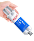 Hand holding a tube of heavy duty metal epoxy adhesive for metal plastic ceramic stainless steel wood and cement, labeled 'Welding Glue.'
