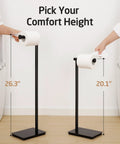 Rock Solid Free Standing Toilet Paper Holder In Matte Black Stainless Steel With No Wobble Heavy Base And 26 Inch Tall Design shown with height comparison.