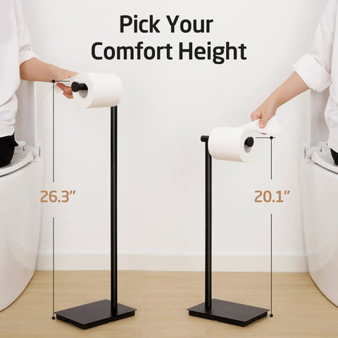 Rock Solid Free Standing Toilet Paper Holder In Matte Black Stainless Steel With No Wobble Heavy Base And 26 Inch Tall Design shown with height comparison.
