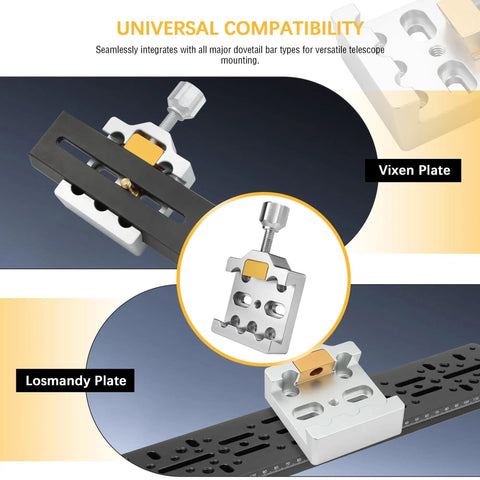 Medium Dovetail Clamp For Telescopes And Cameras With Multiple M6 And One Quarter Inch Screw Holes, Compatible With Vixen Plate