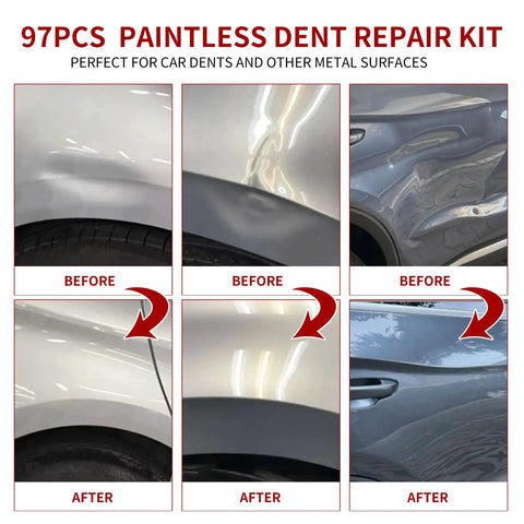 97 Piece Car Dent Repair Kit With Golden Lifter, Slide Hammer T-Bar, Bridge Puller, Paintless Dent Removal Tools For Dings And Car Refrigerator Door Dents, DIY Auto Body Fix At Home That Will Not Scratch Paint before and after car dent repair