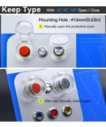 Clear And Rugged 16mm Protective Cover Set Two Pack For Push Button Emergency Stop Key And Selector Switches IP66 Waterproof With Tight Seals Water Dust And Oil Fits Five Eighth Inch Mount Hole, shown on blue surface with buttons.