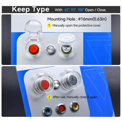 Clear And Rugged 16mm Protective Cover Set Two Pack For Push Button Emergency Stop Key And Selector Switches IP66 Waterproof With Tight Seals Water Dust And Oil Fits Five Eighth Inch Mount Hole, shown on blue surface with buttons.