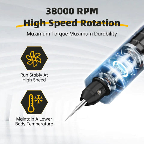 Badass Eighteen Thousand To Thirty Eight Thousand Rpm Rotary Carving Pen With Usb C Charger showing high-speed rotation at 38000 RPM.