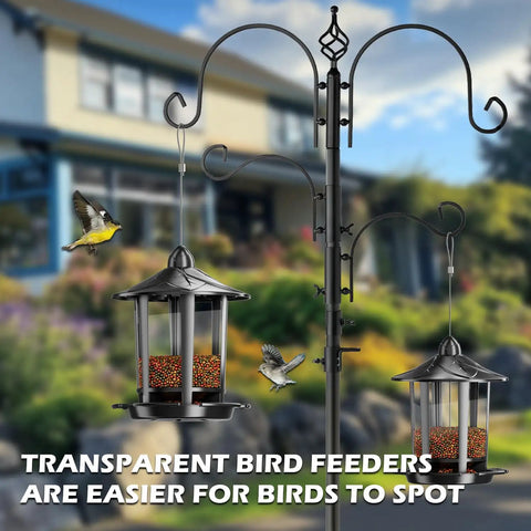 Two Pack Outdoor Hanging Bird Feeders With Quick One Minute Setup And Charming Castle Design Attracting Cardinals Chickadees Goldfinches And Sparrows Black Easy To Assemble For Family Fun And A Great Gift shown hanging with birds feeding