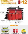 Premium 9 Liter Soft Sided Cooler Bag With Leak Proof Design Keeps Your Grub Fresh All Day Superior Triple Layer Insulation with dimensions and beverages.