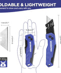 Front view of blue WORKPRO folding utility knife with quick-change blade; aluminum handle and 13 extra blades included.