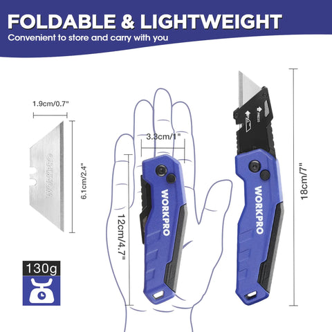 Front view of blue WORKPRO folding utility knife with quick-change blade; aluminum handle and 13 extra blades included.
