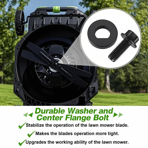 Lawn Mower Blade Replacement Kit For 21 Inch Dual Blade Mowers With Fan Bolts Nuts And Washers Included Compatible With LM2130SP LM2150SP LM2160SP And EGO Power Plus showing flange bolt and washer detail on mower.